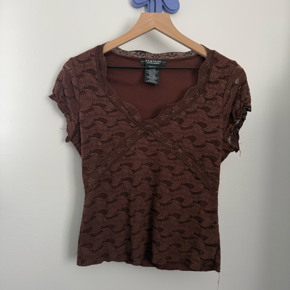 90s Y2K‎ Medium Brown Lace Trim Short Sleeve Fitted Top Grunge Scallop Neck